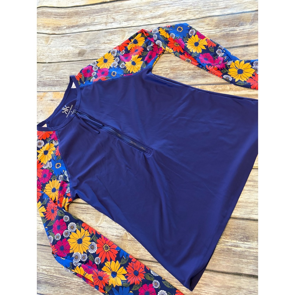 Krimson Klover Womens Navy Floral‎ Long Sleeve Quarter Zip Rash Guard Size M UPF